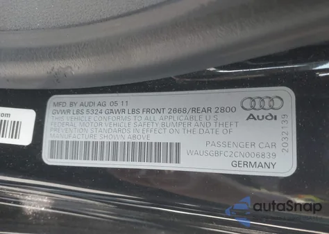 2012 Audi A7 Premium из США, поврежденный, VIN WAUSGBFC2CN006839